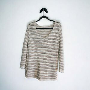 Dana Buchman Womens Size Large Tan and White Openwork Pullover Sweater Stripes